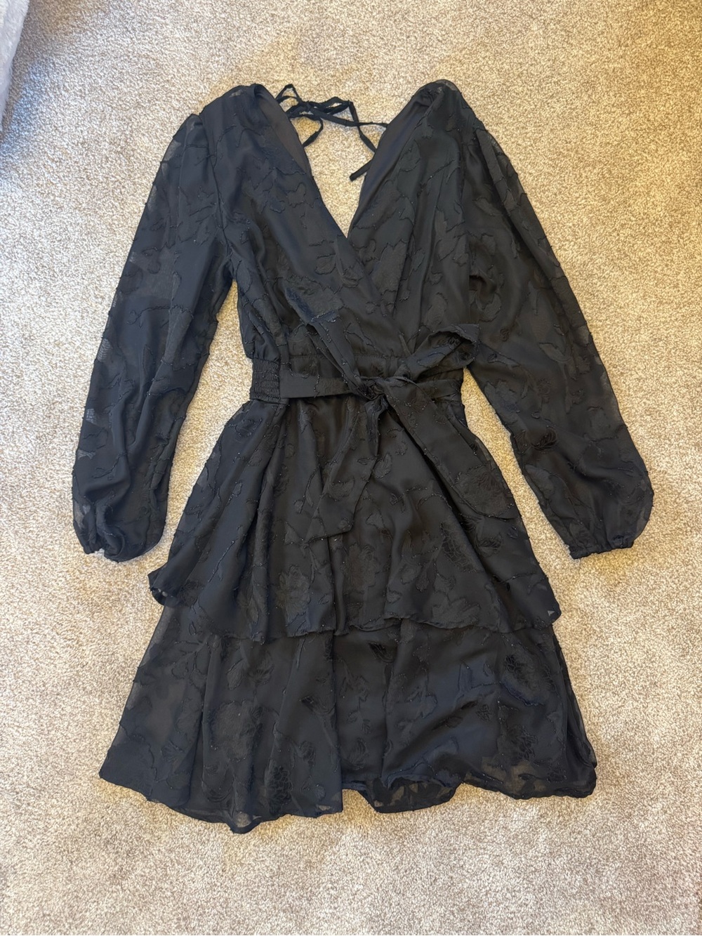 Maurices Black Long Sleeve Wrap Tiered Short Dress with Tie Waist